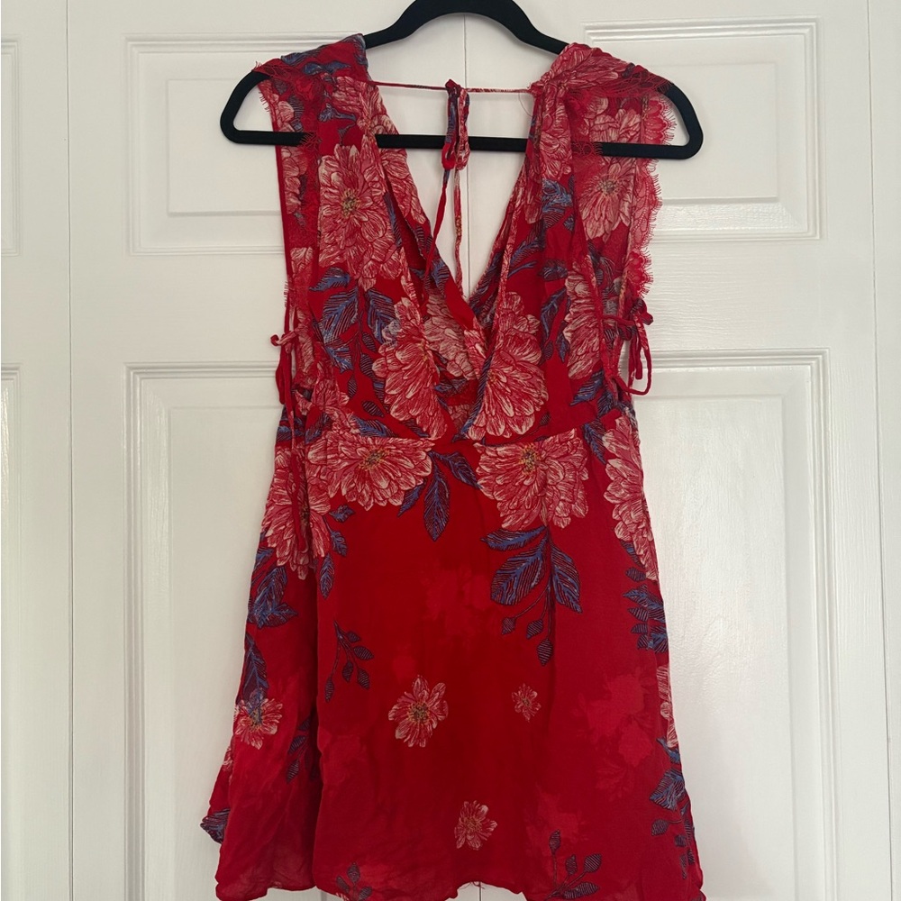 Free People Red Floral V-Neck Dress with Blue Accents - Picture 8 of 9